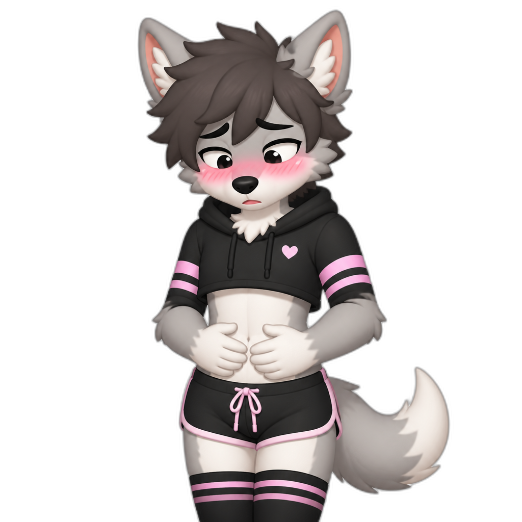 embarassed face with hands on belly. Make it a furry, Femboy - AI generated emoji