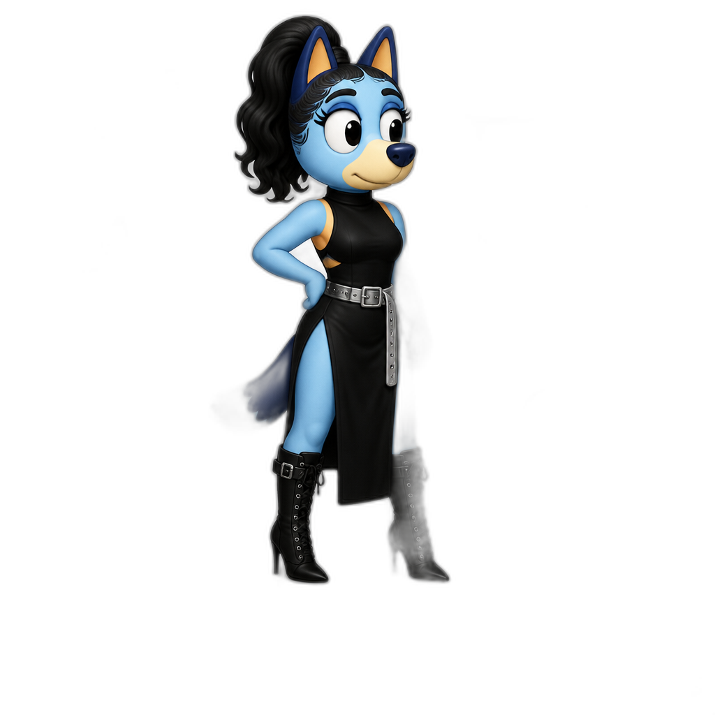 Mariah The Scientist, black sleeveless ninja dress, black stiletto combat boots, silver belt around dress, hair up in ponytail, 'Burning Blue' music video shoot, 'Hearts Sold Seperately' album, in a blue hardware building, as a Bluey dog - AI generated emoji