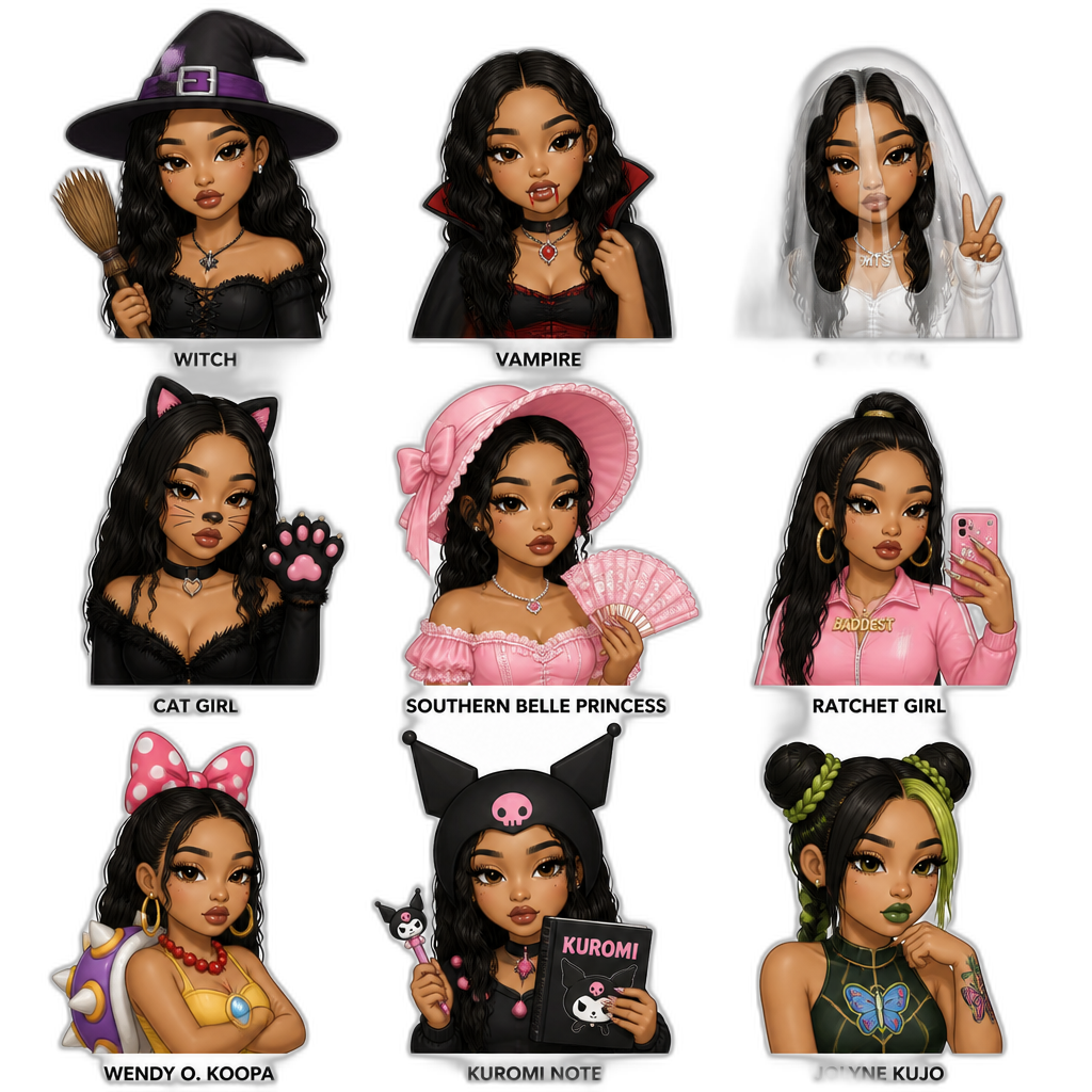 Mariah The Scientist in different Halloween costumes (witch, vampire, ghost girl, cat girl, southern belle princess, ratchet girl, Wendy O. Koopa, Kuromi Note, and Jolyne Kujo) - AI generated emoji