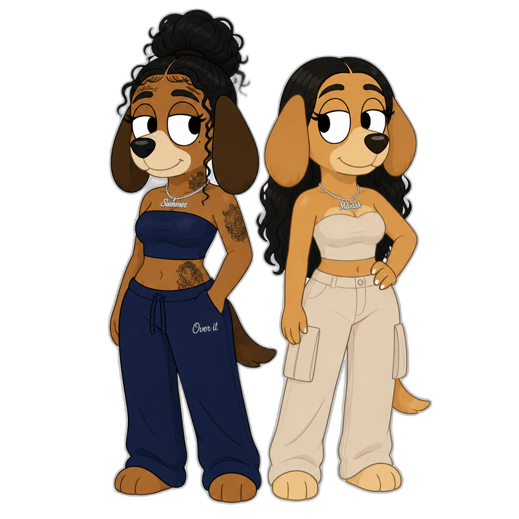 Summer Walker in Bluey cartoon style, anthro beagle dog, grownup, brown fur, Mariah The Scientist as an anthro dog, grownup, light brown fur - AI generated emoji