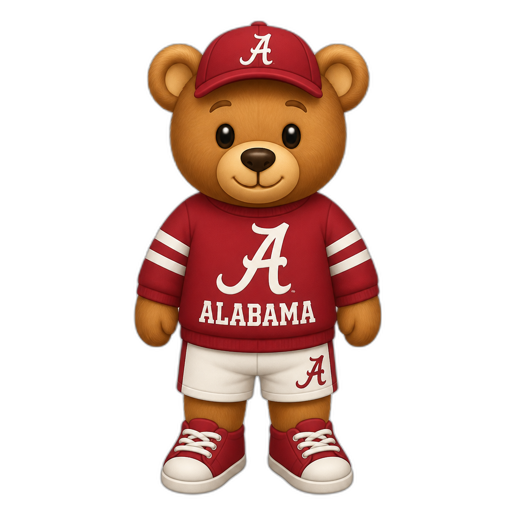 Create a standing Teddy bear who is a Alabama. FULL body - AI generated emoji