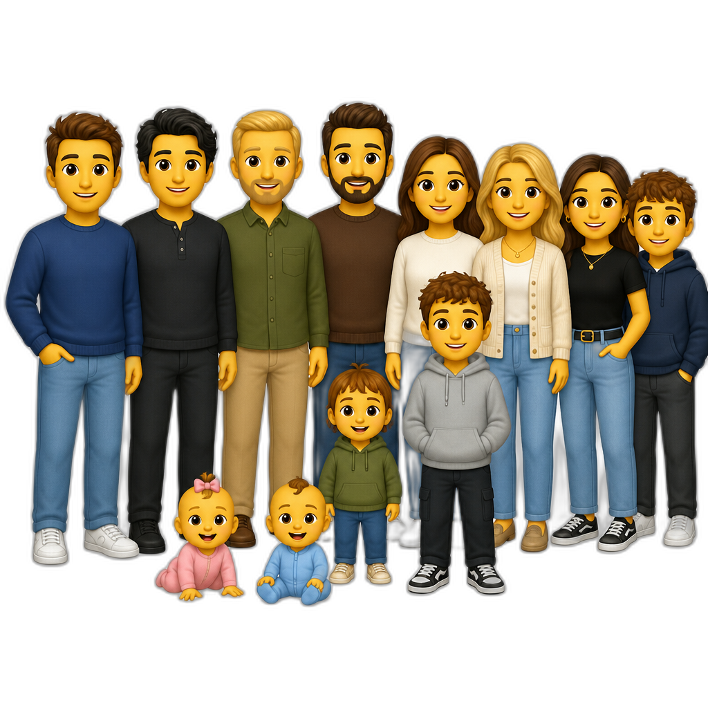 family of 2 babys (one girl one boy) 1 toddler 1 teenager 3 women and 4 men - AI generated emoji