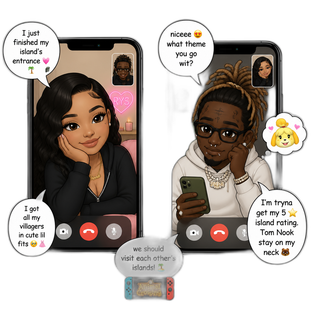 Mariah The Scientist and Young Thug comic, FaceTiming each other, talking about Animal Crossing, 2D cartoon style - AI generated emoji