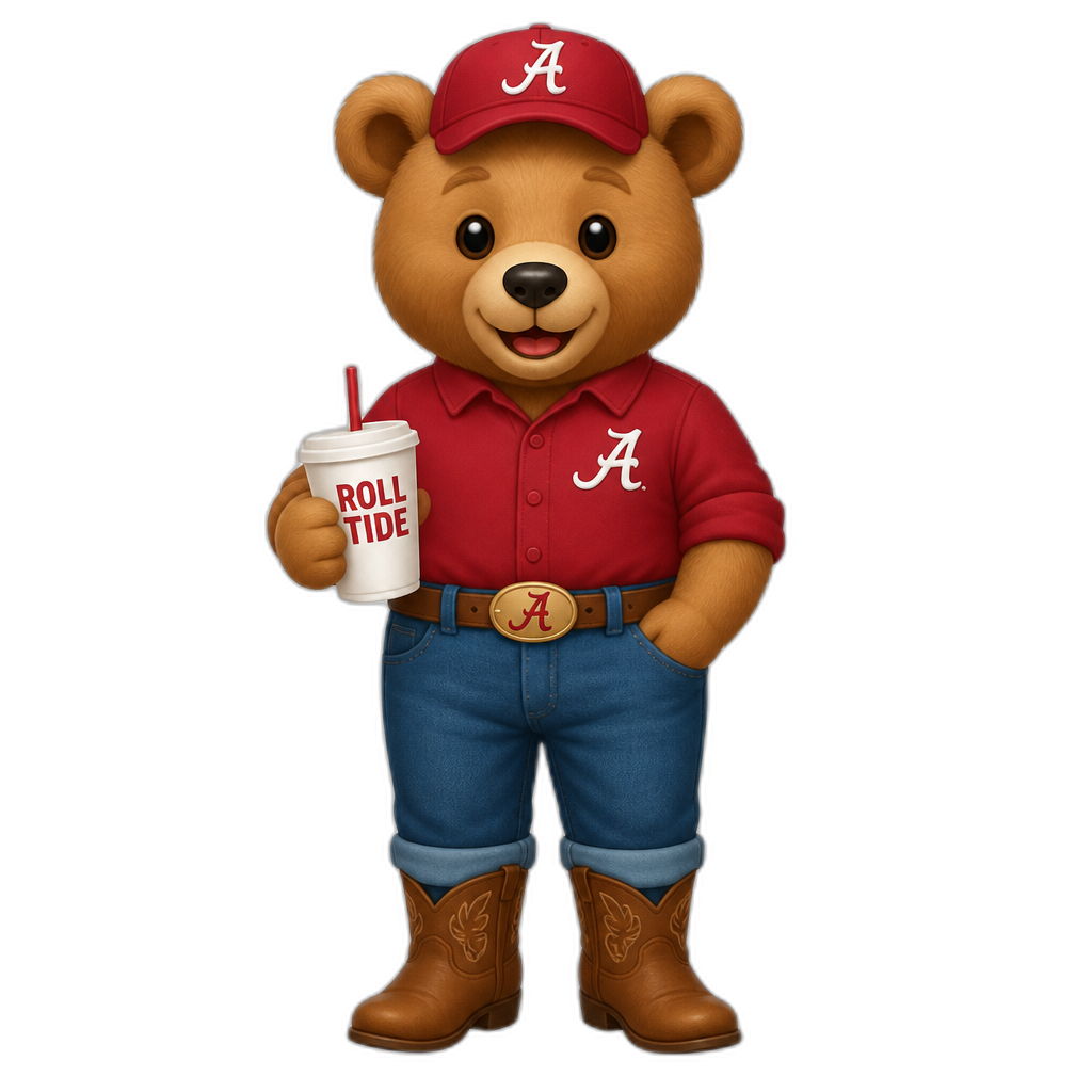 Create a standing Teddy bear who is a Alabamian. FULL body - AI generated emoji
