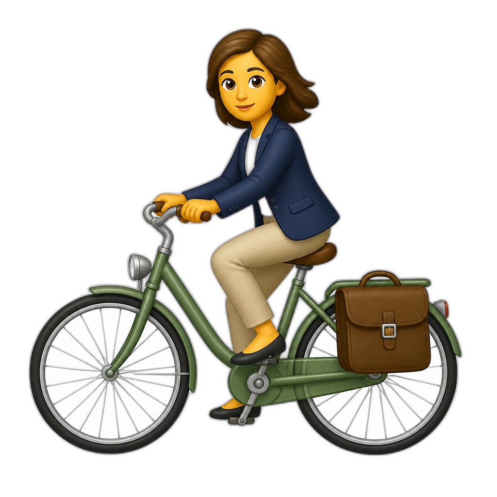 woman wearing a blazer riding a bicycle with a side panier bag - AI generated emoji