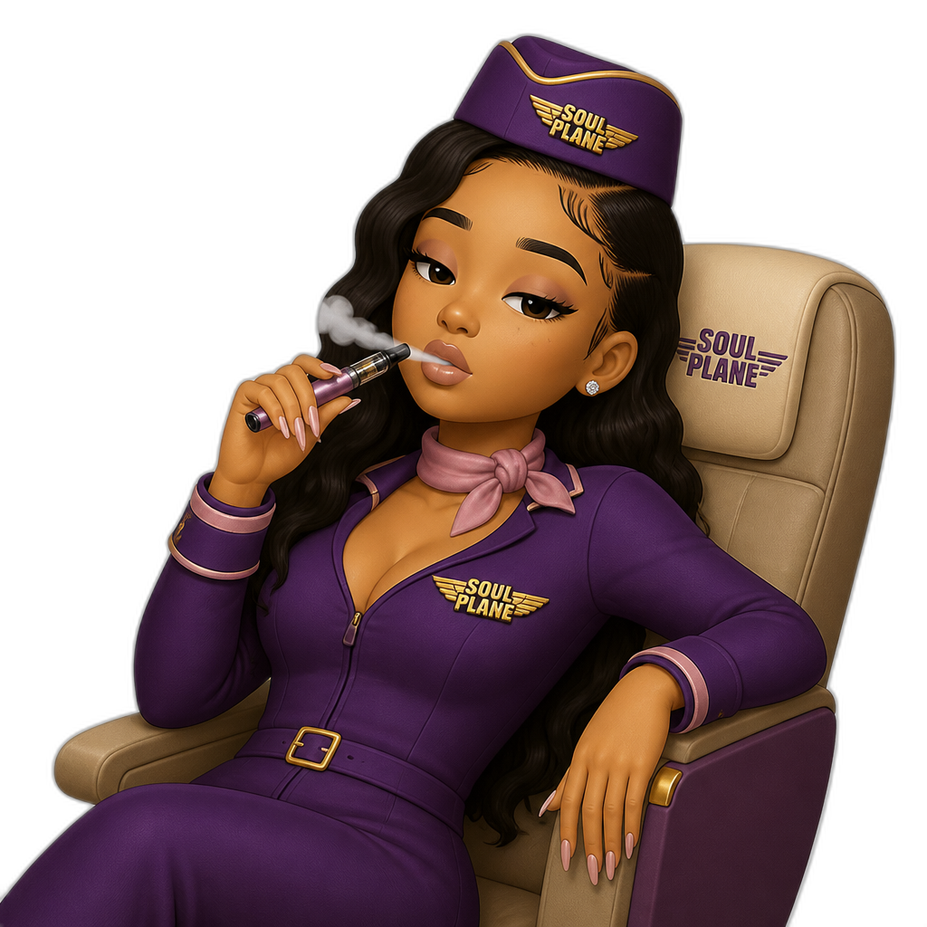 Mariah The Scientist as a Soul Plane stewardess, vaping and relaxing - AI generated emoji