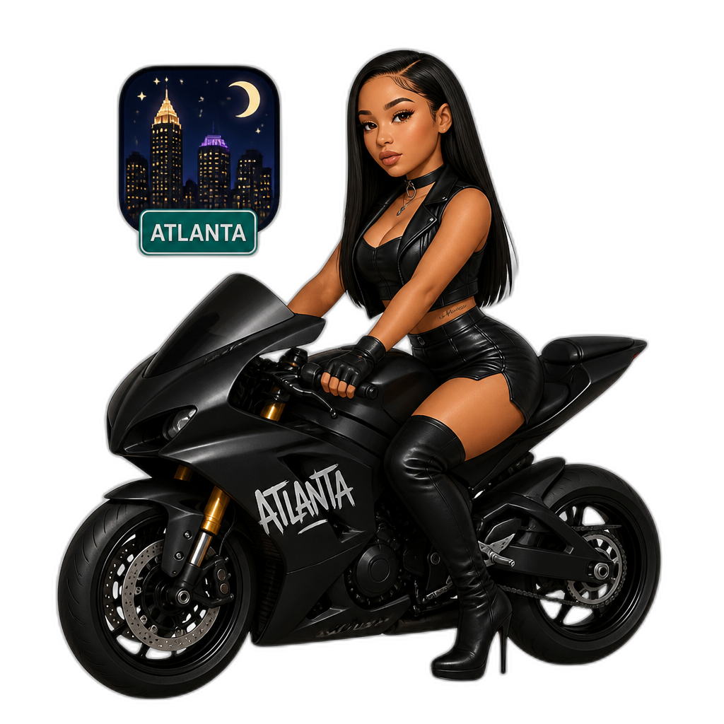 Mariah The Scientist as a biker babe, black leather crop top, sleeveless vest, skirt, stiletto boots, choker, finger gloves, nighttime, Atlanta, long straight hair, photorealistic - AI generated emoji