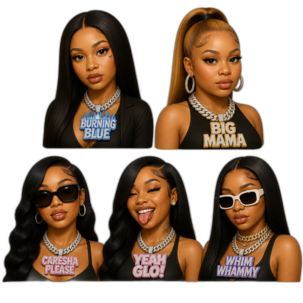 Mariah The Scientist in a Burning Blue necklace, Latto in a Big Mama necklace, Yung Miami in a Caresha Please necklace, GloRilla in a Yeah Glo necklace, Big Pluto (female rapper) in a Whim Whammy necklace, photorealistic, Mariah with long straight hair - AI generated emoji