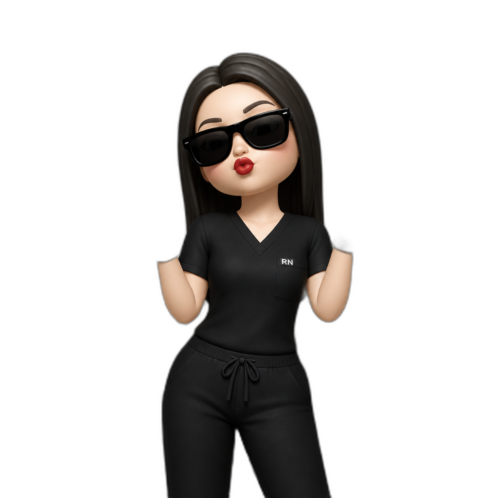 Girl in black scrubs pouting black hair and black sunglasses holding an injection with red lipstick pale skin with a black lamborghini behind and a gold Louis vuitton gun in the right hand with men in doctor coats looking at her with a side grin and puffy face - AI generated emoji