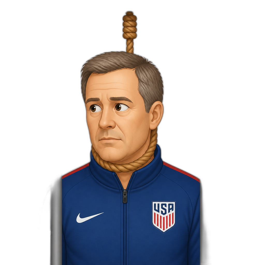 a middle aged white man with his head slightly turned to the left in a blue zipped jacket with the USA soccer logo on the right with a rope around the lower part of his head in a jail cell from the celing - AI generated emoji