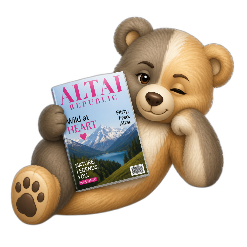 Create a Teddy bear who is a flirty Altai Republic on the magazine. different fur color - AI generated emoji