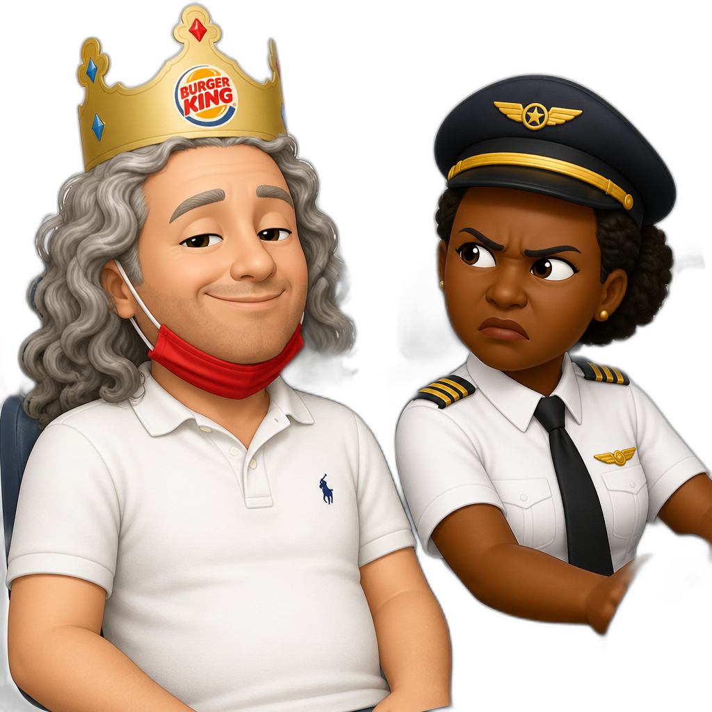 a middle aged white man with long curly gray hair with a red mask on his chin smiling smugly with a burger king crown on his head a white polo shirt sitting on a plane with an angry african american female pilot next to him - AI generated emoji