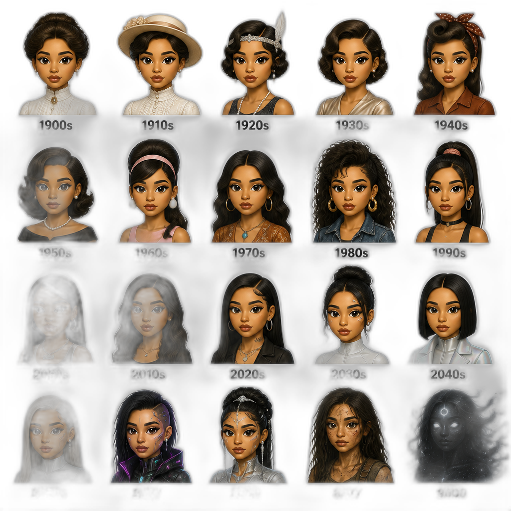 Mariah The Scientist in different decades (1900s, 1910s, 1920s, 1930s, 1940s, 1950s, 1960s, 1970s, 1980s, 1990s, 2000s, 2010s, 2020s, 2030s, 2040s, 2050s, 2077 - cyberpunk future, 2300, 8077 - postapocalypse, 9000 - end of time/void) - AI generated emoji