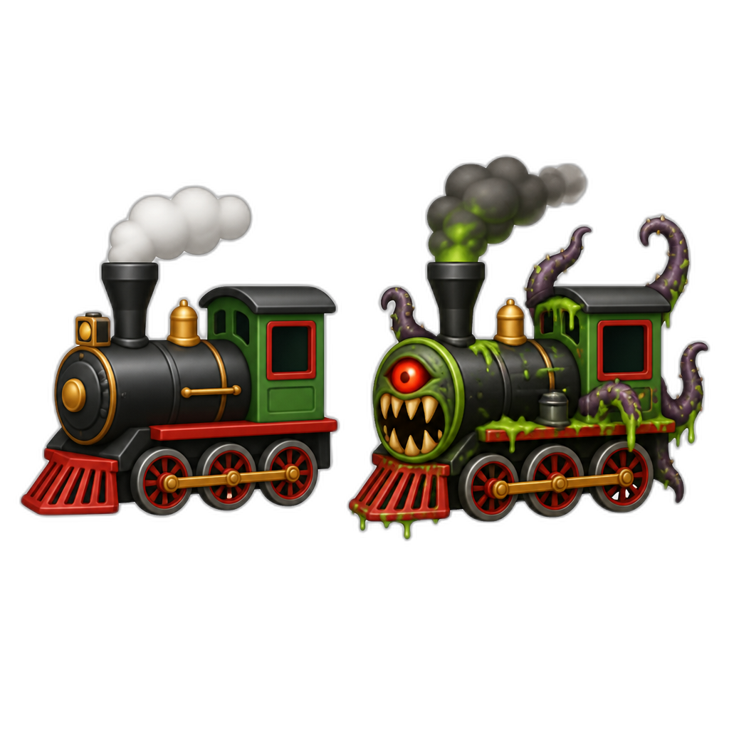 Transportation park vehicle "steam train" with its mutant form too - AI generated emoji