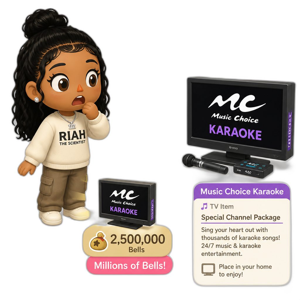Mariah The Scientist as a Human Villager, Animal Crossing, finding an expensive item worth millions of Bells, saying "That's expensive, bruh!", Music Choice Karaoke channel package TV item - AI generated emoji