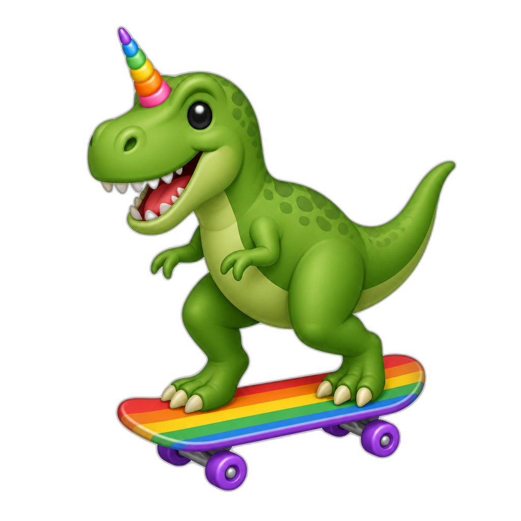 dinosaur with a unicorn horn on a gay skateboard - AI generated emoji