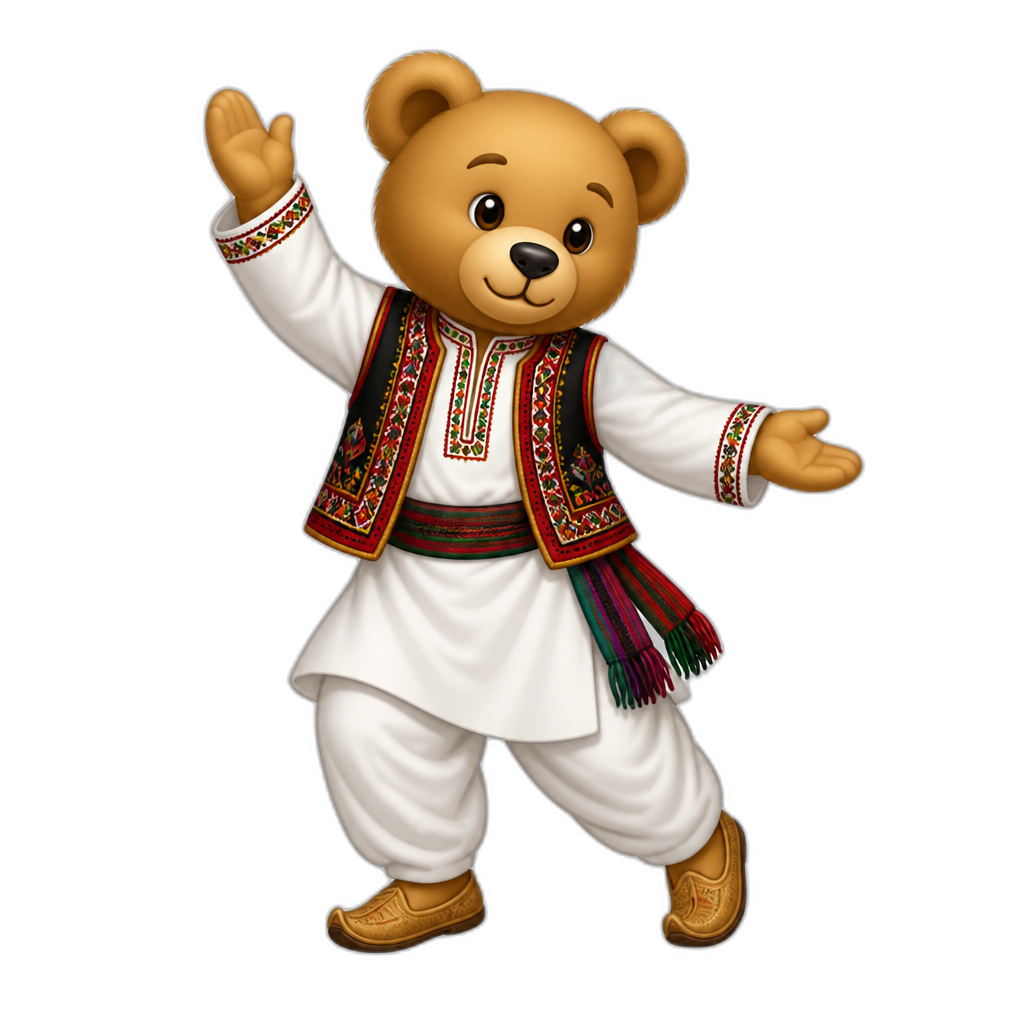 Create a Standing Teddy bear who is a Afghanistan Dancer (any fur color) - AI generated emoji
