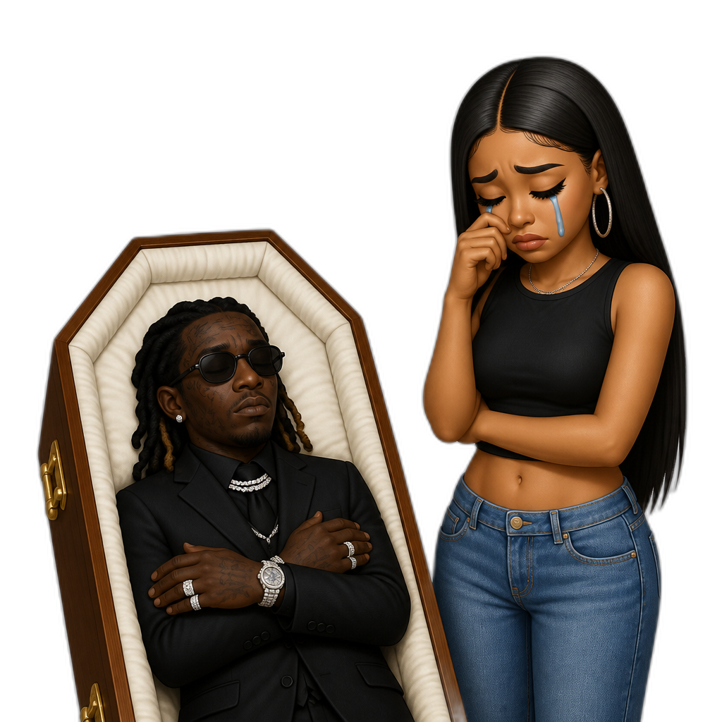 Young Thug in a coffin, Mariah The Scientist crying, long straight hair, photorealistic, black sleeveless crop top, denim jeans, hoop earrings - AI generated emoji