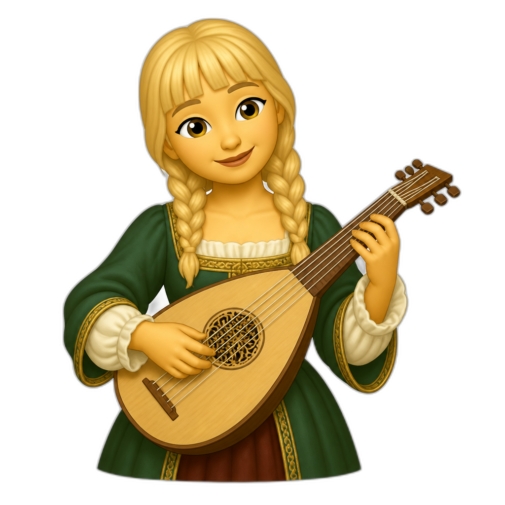 blonde woman with bangs and two braids wearing a renaissance dress playing lute - AI generated emoji