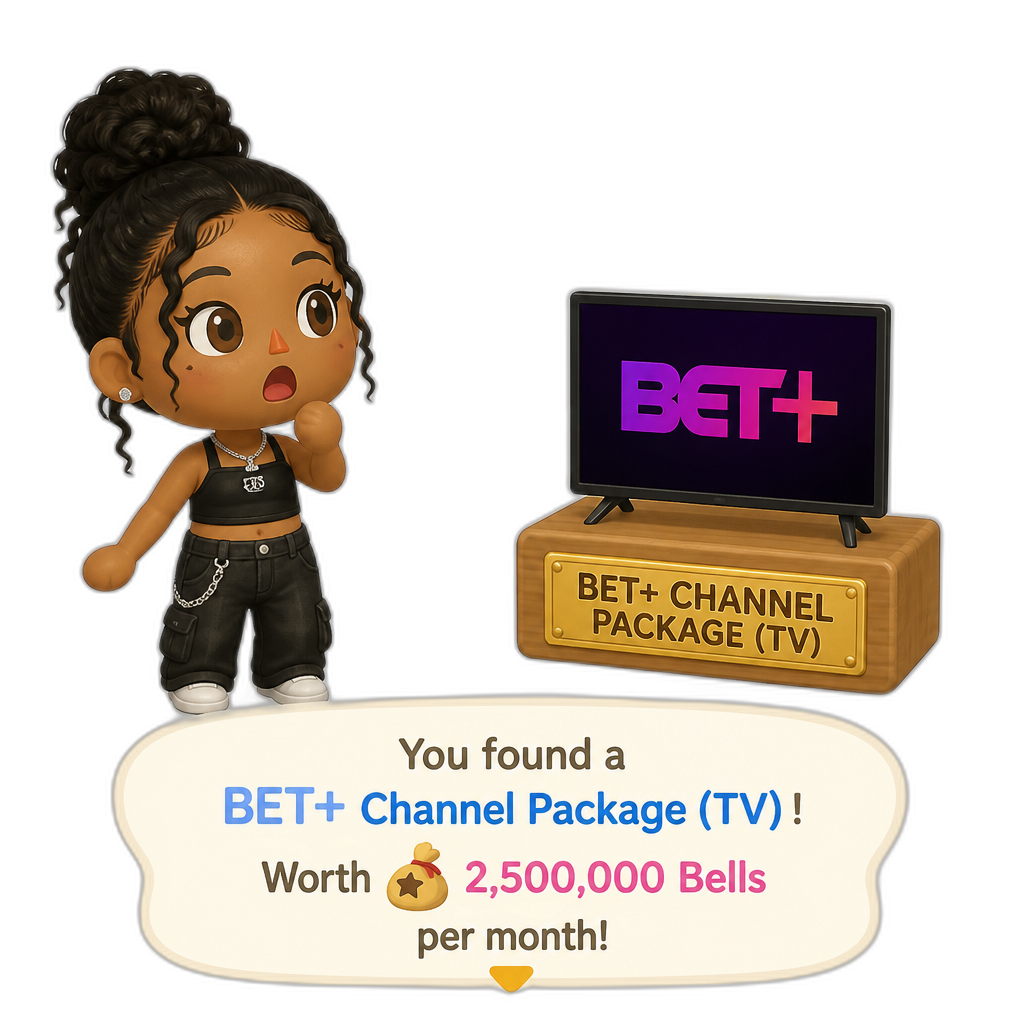 Mariah The Scientist as a Human Villager, Animal Crossing, finding an expensive item worth millions of Bells, saying "That's expensive, bruh!", BET+ channel package TV item (worth millions of Bells per month) - AI generated emoji