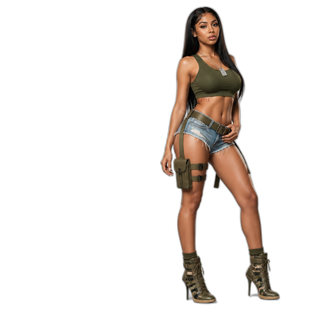 Mariah The Scientist in Super Smash Bros., photorealistic, long straight hair, sleeveless crop top, denim shorts, stiletto sneakers, boot camp themed clothes, dog tag necklace - AI generated emoji