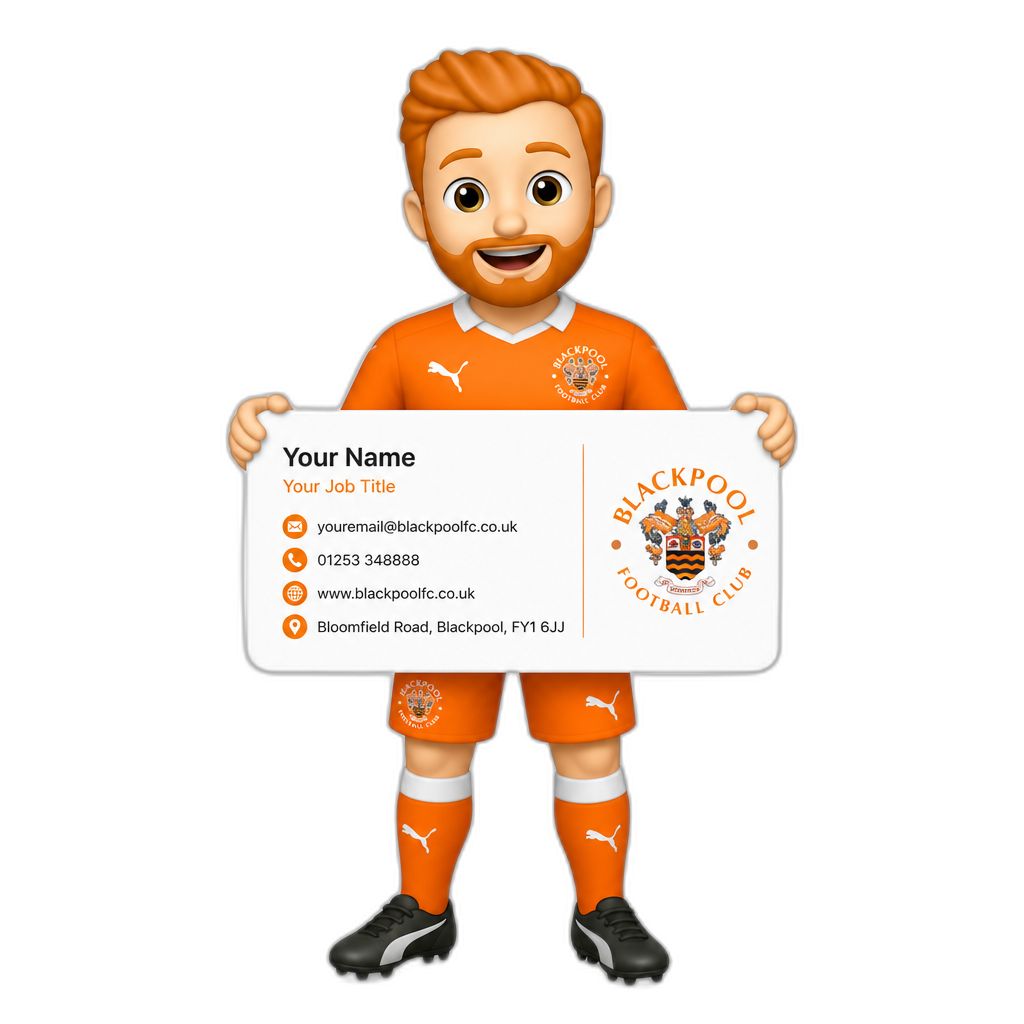 ginger football man holding an email signature, football kit is orange (blackpool fc) - AI generated emoji