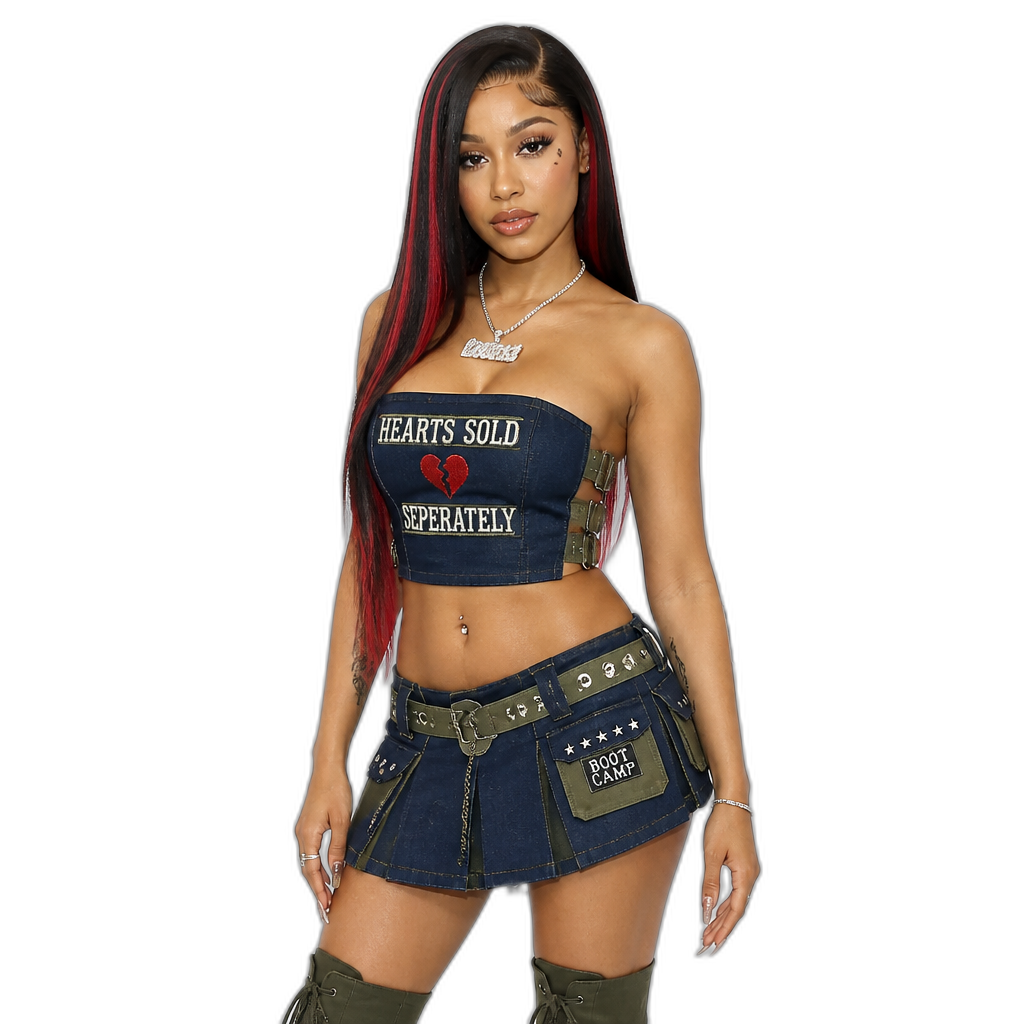 Mariah The Scientist at the 2026 MTV VMAs, photorealistic, long straight hair with red highlights, blue strapless crop top, skirt, 'Hearts Sold Seperately' army boot camp themed outfit - AI generated emoji