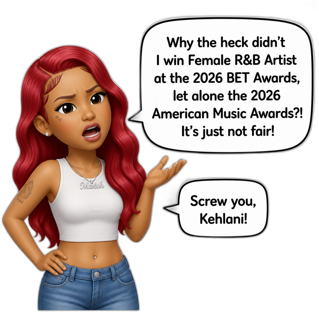Mariah The Scientist says, "Why the heck didn't I win Female R&B Artist at the 2026 BET Awards, let alone the 2026 American Music Awards?! It's just not fair!", Mariah is wearing a sleeveless crop top, blue jeans, and has her hair dyed cherry red, Mariah also says, "Screw you, Kehlani!" - AI generated emoji
