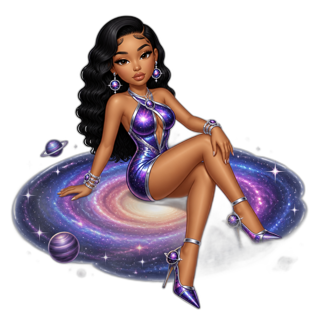 Mariah The Scientist, futuristic minidress, cosmic stilettos, cosmic earrings, cosmic necklace, cosmic bracelets, in the galaxy - AI generated emoji