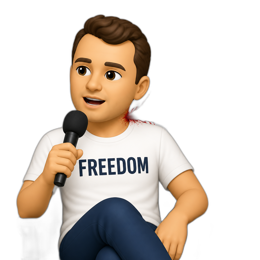 charlie kirk wearing a white t shirt with freedom written on it sitting on a chair with a microphone with a scarlet splash of paint from behind his neck - AI generated emoji