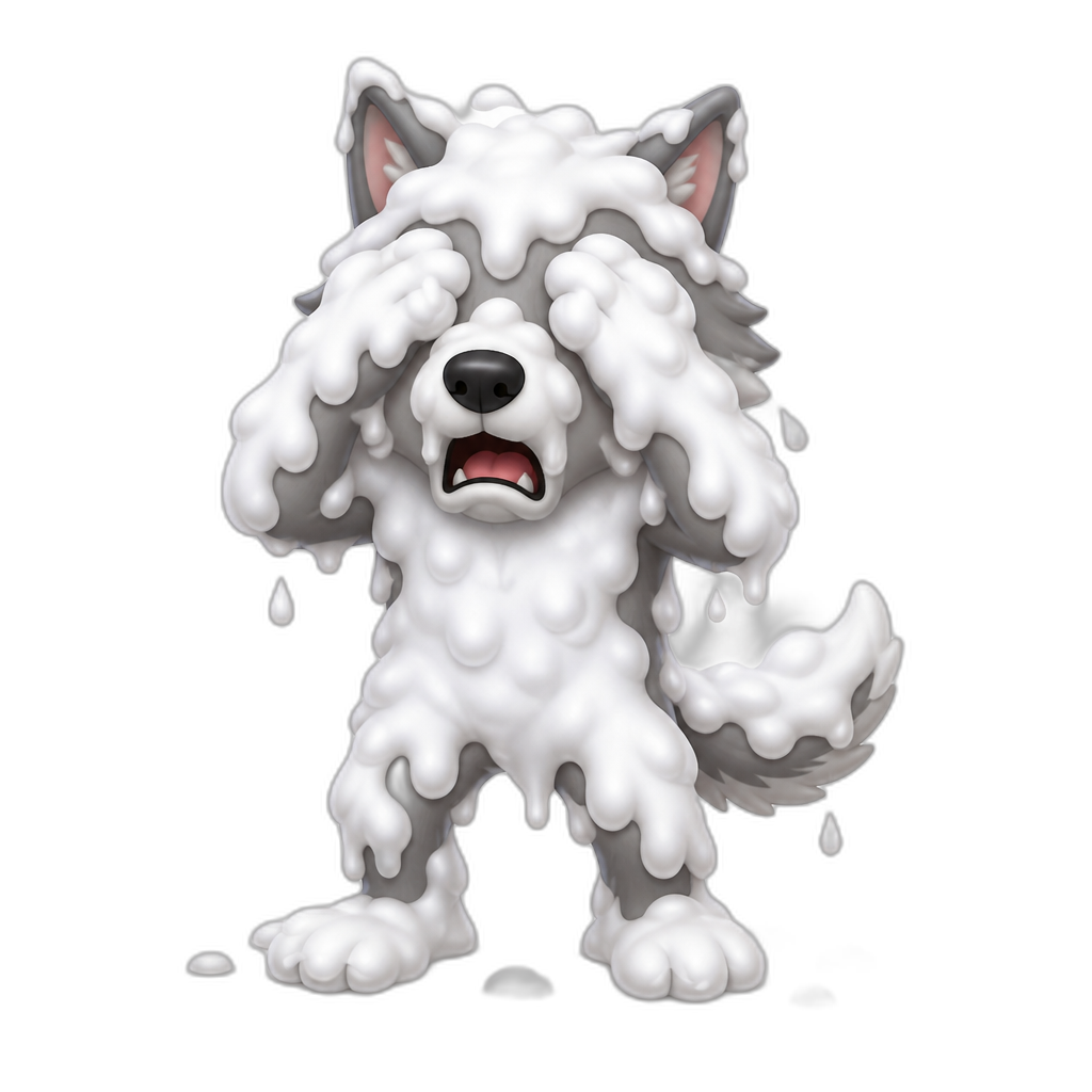 Covered in fire extinguisher foam, the wolf, blinded - AI generated emoji