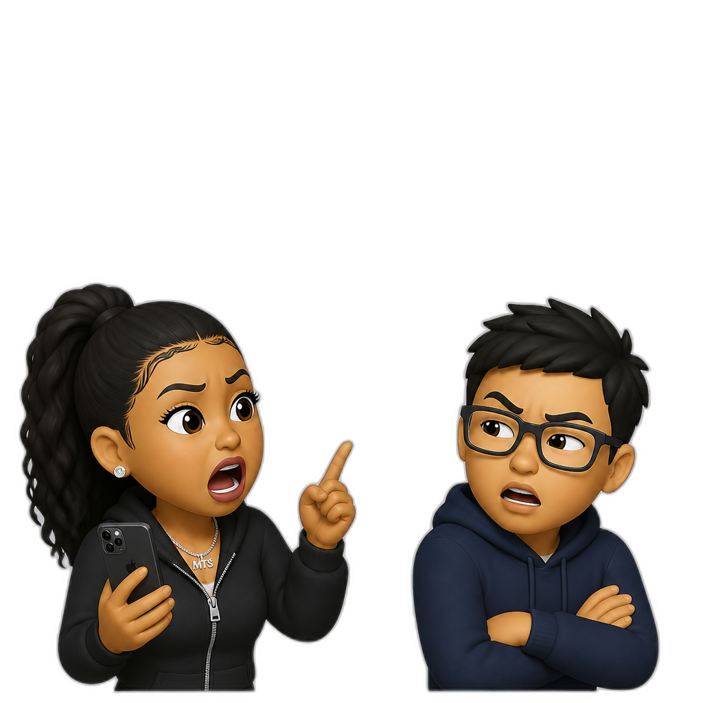 Mariah The Scientist says, "That's not how you talk to people! You don't talk to people like that! Never in your life! Never in your life, you don't talk to me like that!", while holding her smartphone, with her hair up in a ponytail, to a paranoid Filipino guy with glasses that then says, "Stay outta my business. Bruh.", with quotation bubbles - AI generated emoji