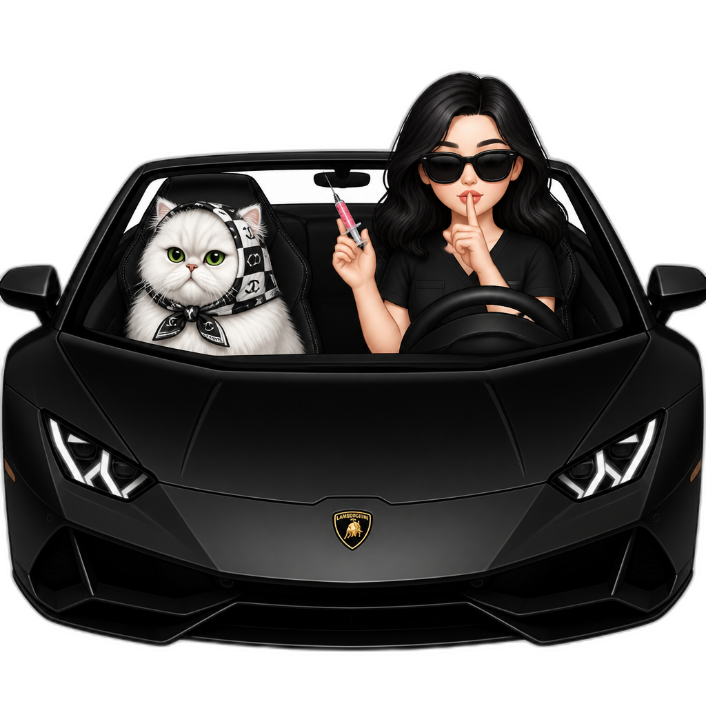 Girl in black scrubs black wavy hair pale skin black sunglasses pouty lips with one hand of a pink injection the other hand of her finger near lips as if she's saying shh in the driver seat of a black lamborghini and a Persian white cat  with green in the front seat with a chanel head scarf - AI generated emoji