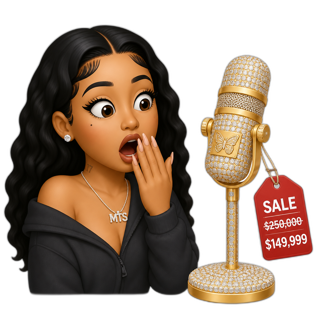 Mariah The Scientist seeing a crazy expensive diamond crusted gold microphone on sale - AI generated emoji
