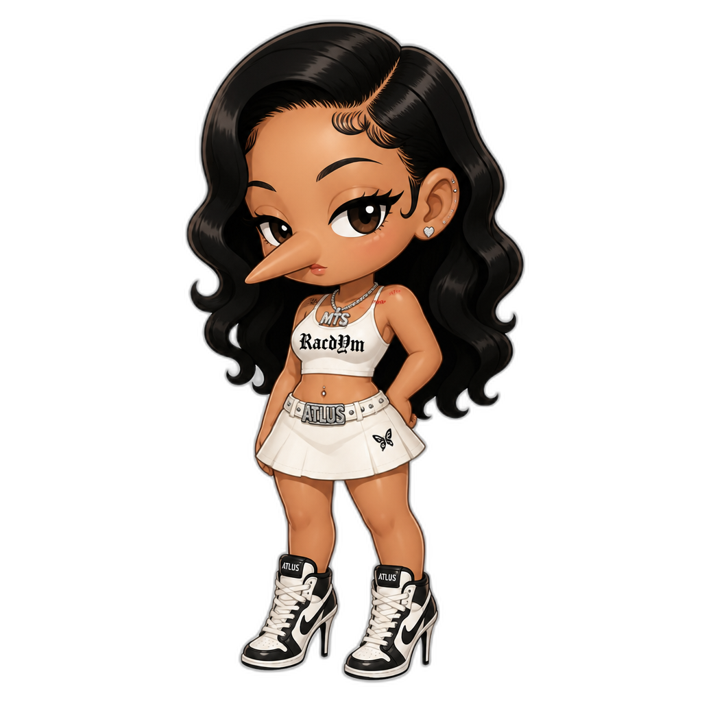 Mariah The Scientist, Snobow Kids art style, crop top, skirt, stiletto sneakers, Atlus, Racdym, chibi body, 2D style, big pointy nose - AI generated emoji