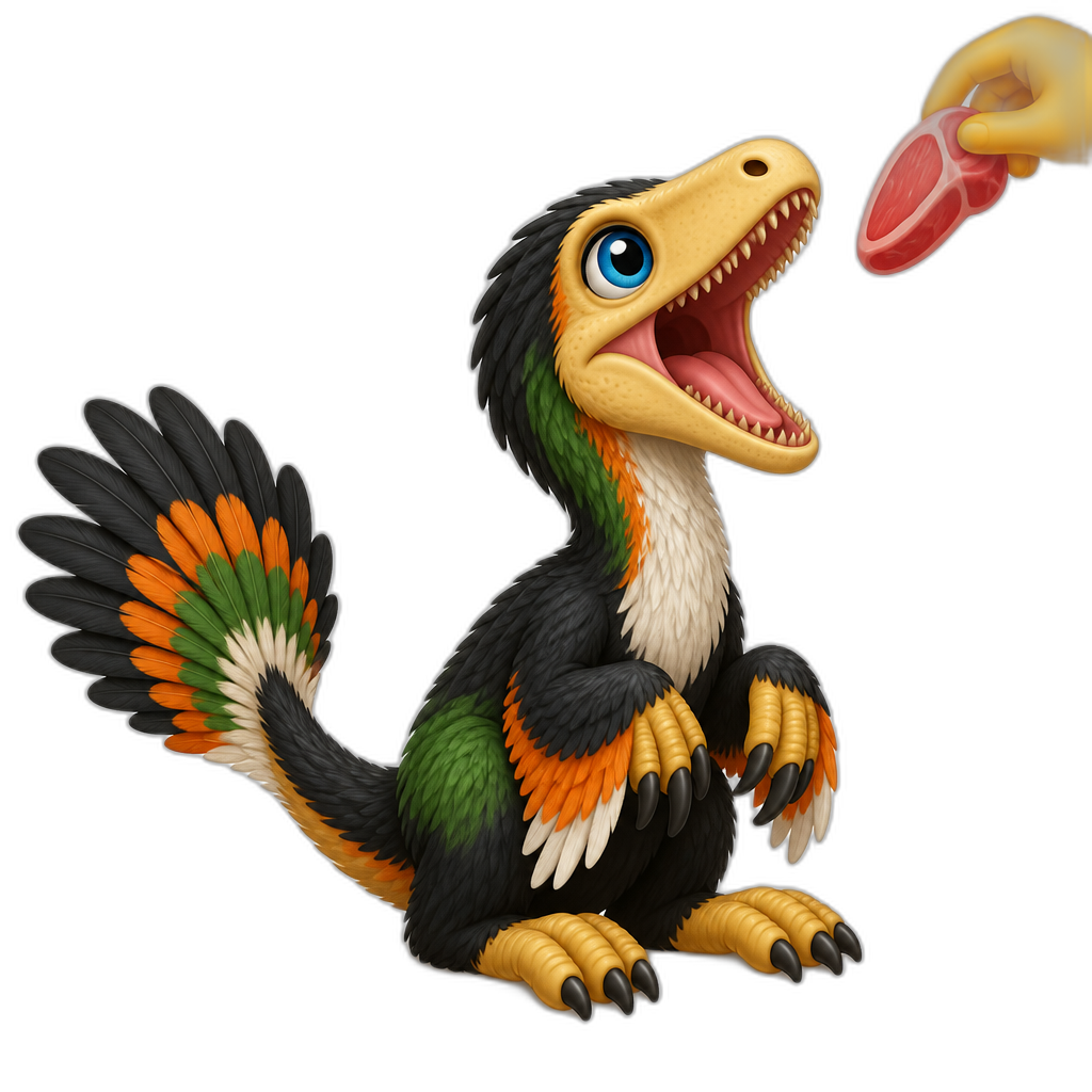Cute sitting deinonychus raptor dinosaur opening it's jaw wide open in excitement because it's about to be fed. It has a long beige-yellowish head snoot, blue eyes, and black, green and orange feathers and just a little bit of white too, and yellow paws. Its tail like a long fan at it's tip. - AI generated emoji