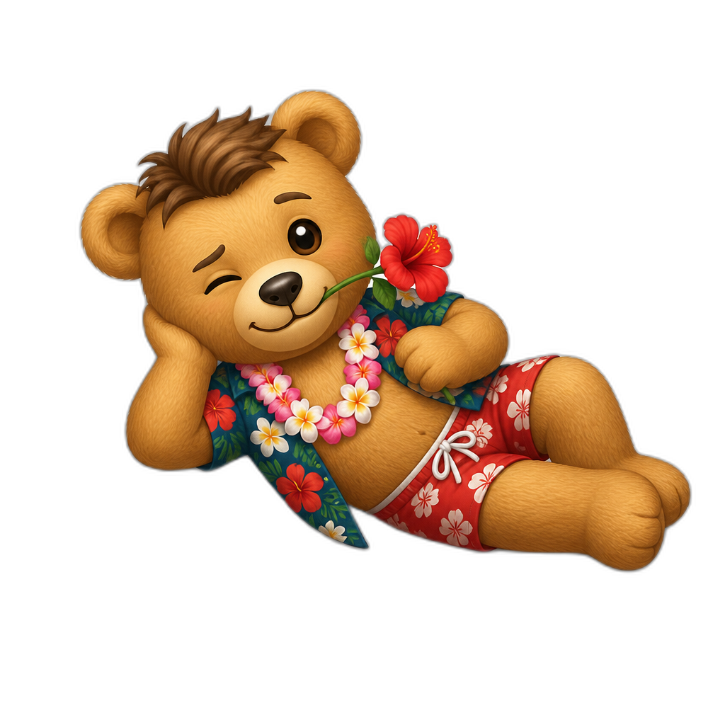 Create a Teddy bear who is a flirty Hawaiian on the bed. any fur color or hairstyle - AI generated emoji