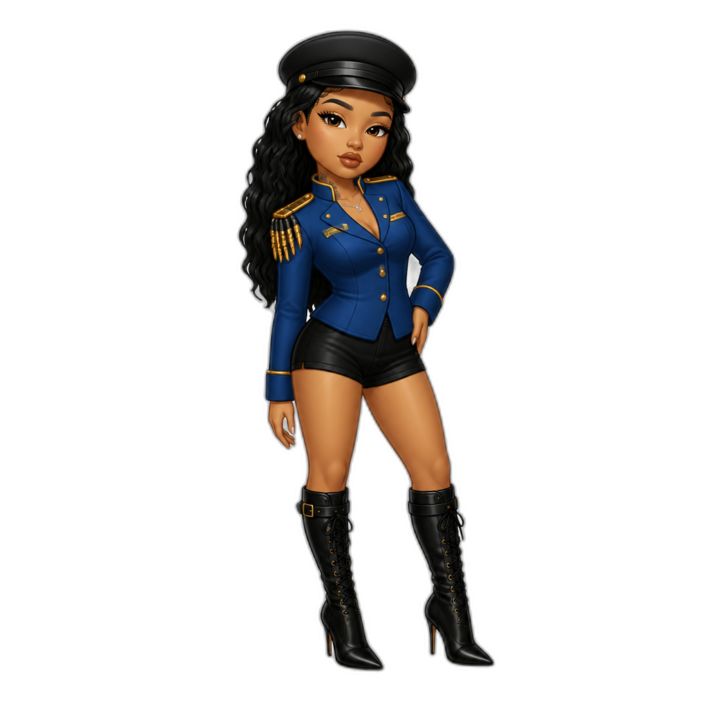 Mariah The Scientist, blue long sleeved concierge jacket, gold bullet shoulder strap, black shorts, black army cap, black stiletto boots - AI generated emoji