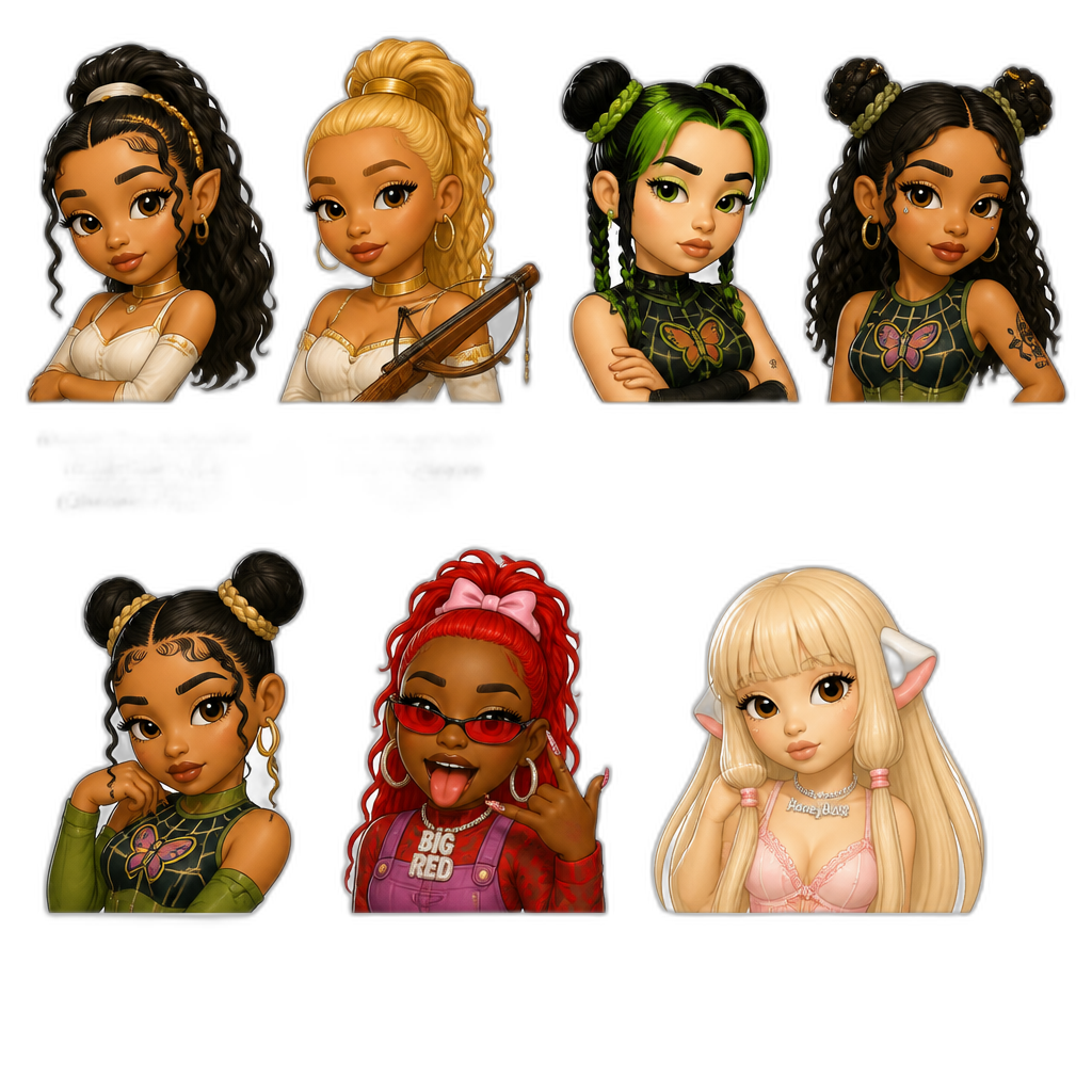 Mariah The Scientist fused with Ayla (Chrono Trigger), Latto fused with Marle (Chrono Trigger), Billie Eillish fused with Jolyne Kujo, Mariah The Scientist fused with Jolyne Kujo, Mariah The Scientist fused with Jolyne Kujo, Vicky the Evil Babysitter fused with Sassyy Red (black female rapper) and Chii (Chobits) fused with HoneyBxby - AI generated emoji