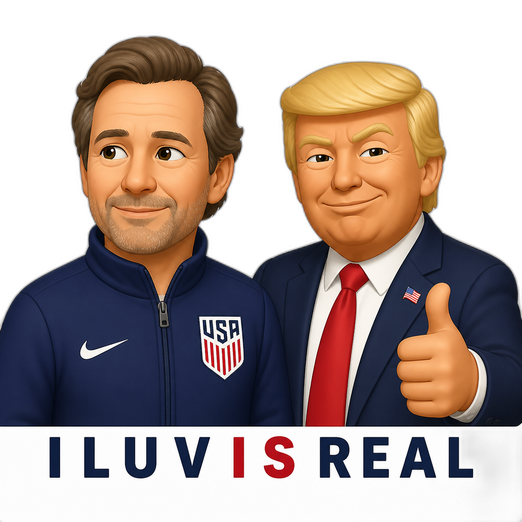 a middle aged white man with his head slightly turned to the left in a blue zipped jacket with the USA soccer logo on the right with donald trump with the letters I L U V I S R E A L - AI generated emoji