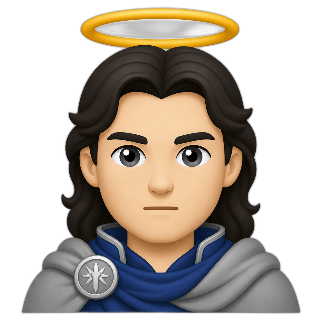 Mighty legendary Elf lord/lady (no specific gender) with halo over head, fair skin tone, dark hair, grey eyes, blue cloth, grey cape, brooch; serious expression. Closeup portrait. FLAT thick minimal style. No pointy ears, no gender. - AI generated emoji