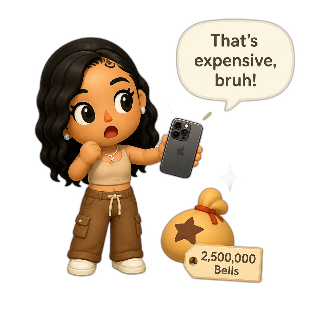 Mariah The Scientist as a Human Villager, Animal Crossing, finding an expensive item worth millions of Bells, saying "That's expensive, bruh!", smartphone item - AI generated emoji