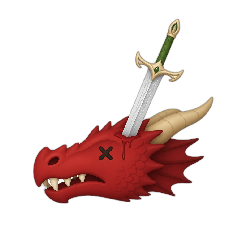 dead western-style red dragon head pierced by Elven sword, flat minimal - AI generated emoji