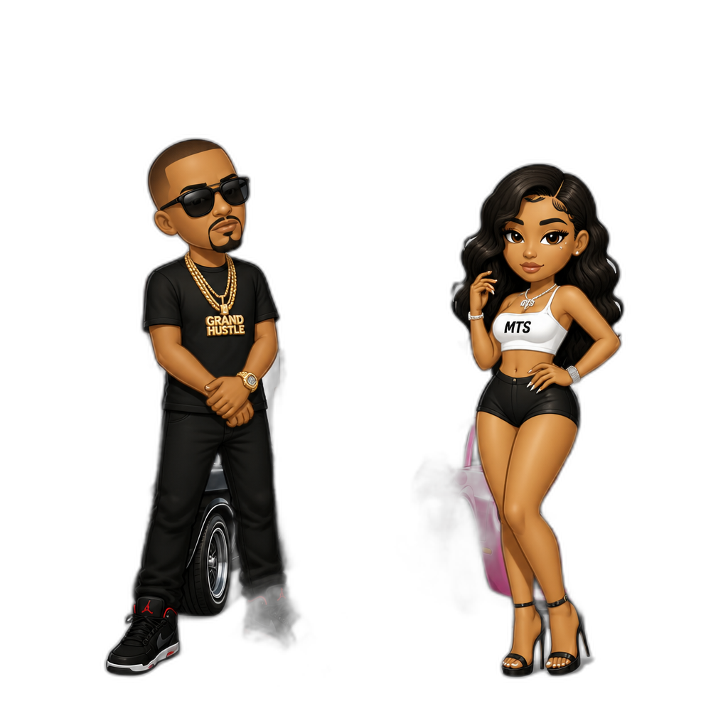 T.I. and Mariah The Scientist, "Let 'Em Know" remix music video, drag racing theme, crop top, shorts, stilettos, West meets East Atlanta, Atlanta backdrop, cars, checkered flags, finish line - AI generated emoji