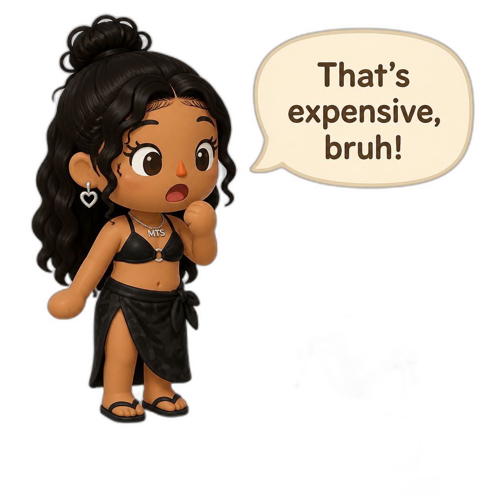 Mariah The Scientist as a Human Villager, Animal Crossing, finding an expensive item worth millions of Bells, saying "That's expensive, bruh!", swimsuit item - AI generated emoji