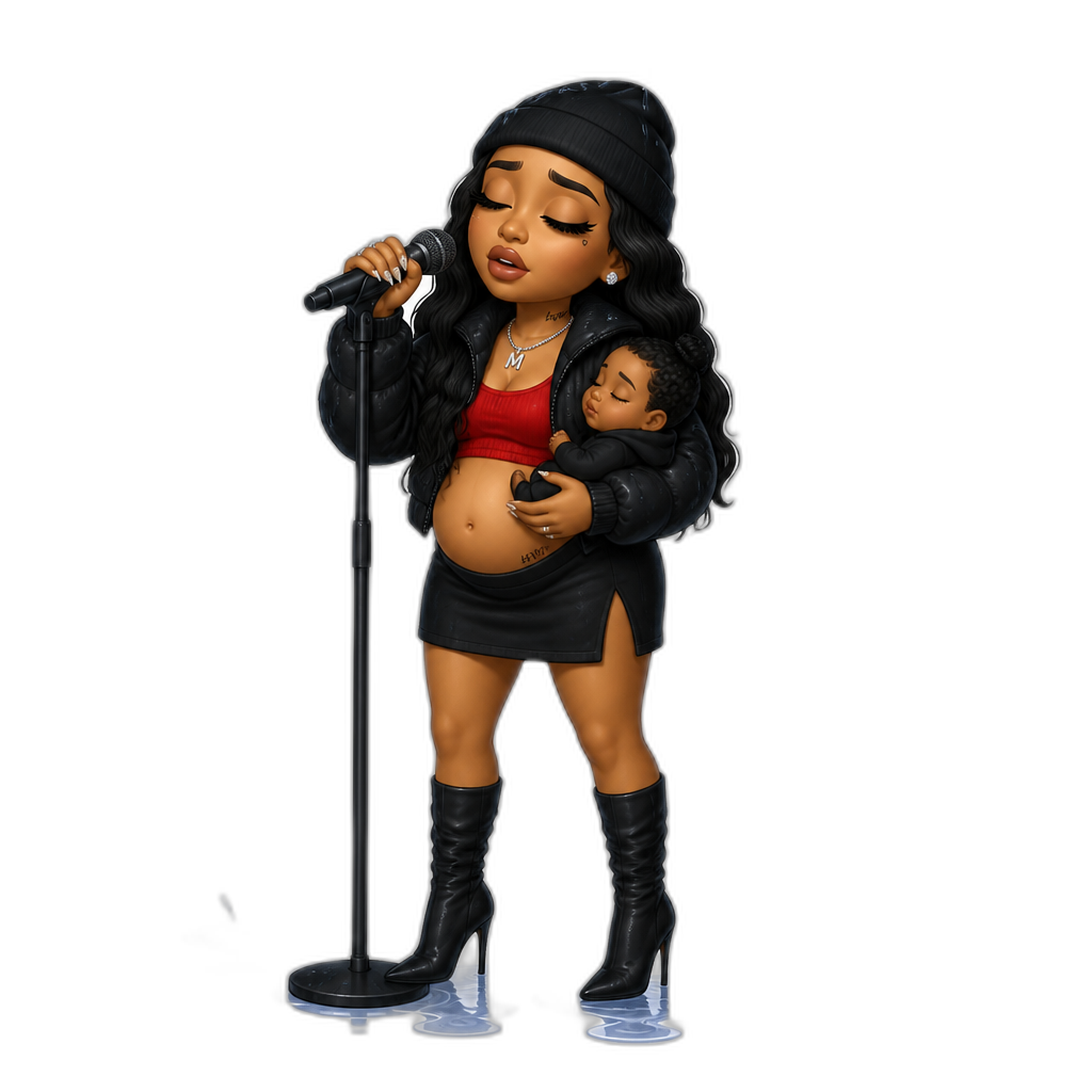 Mariah The Scientist, postpartum, singing in the rain, black beanie, black jacket, red crop top, black skirt, stiletto boots - AI generated emoji
