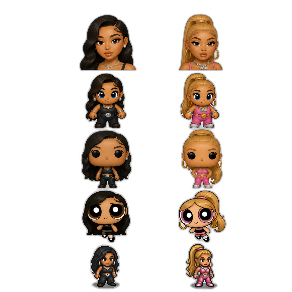 Mariah The Scientist and Latto in 5 styles (original, Super Mario, Funko Pop, Powerpuff Girls and Chrono Trigger) - AI generated emoji