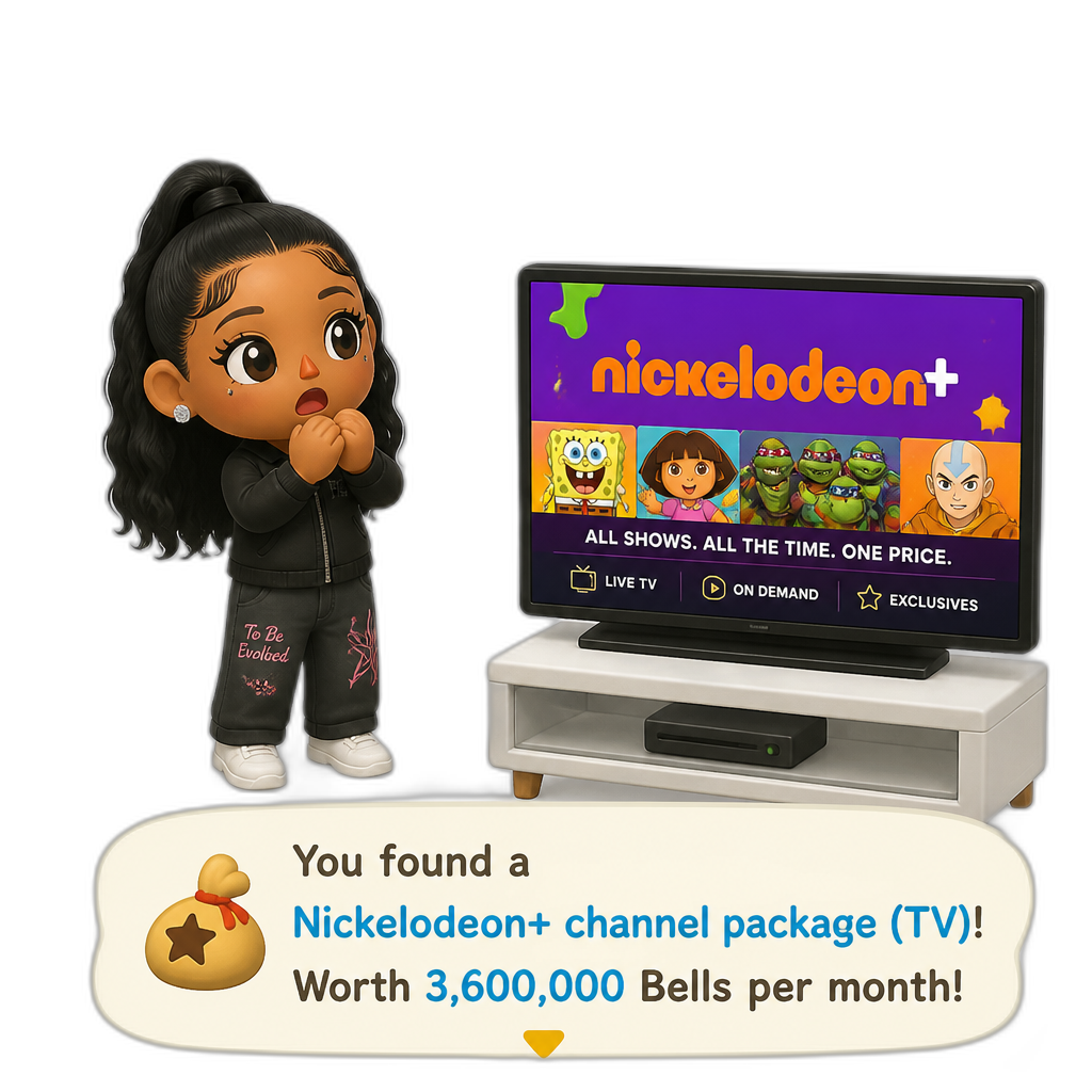 Mariah The Scientist as a Human Villager, Animal Crossing, finding an expensive item worth millions of Bells, saying "That's expensive, bruh!", Nickelodeon+ channel package TV item (worth millions of Bells per month) - AI generated emoji