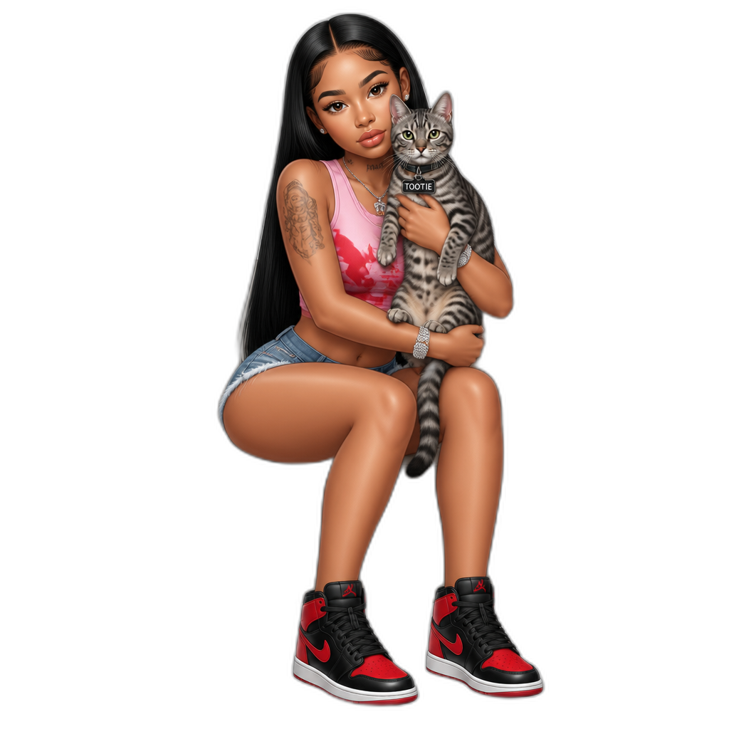 Mariah The Scientist with her gray Bengal cat Tootie (male cat), photorealistic, long straight black hair, pink and red sleeveless crop top, blue denim shorts, black and red stiletto sneakers, in the living room - AI generated emoji