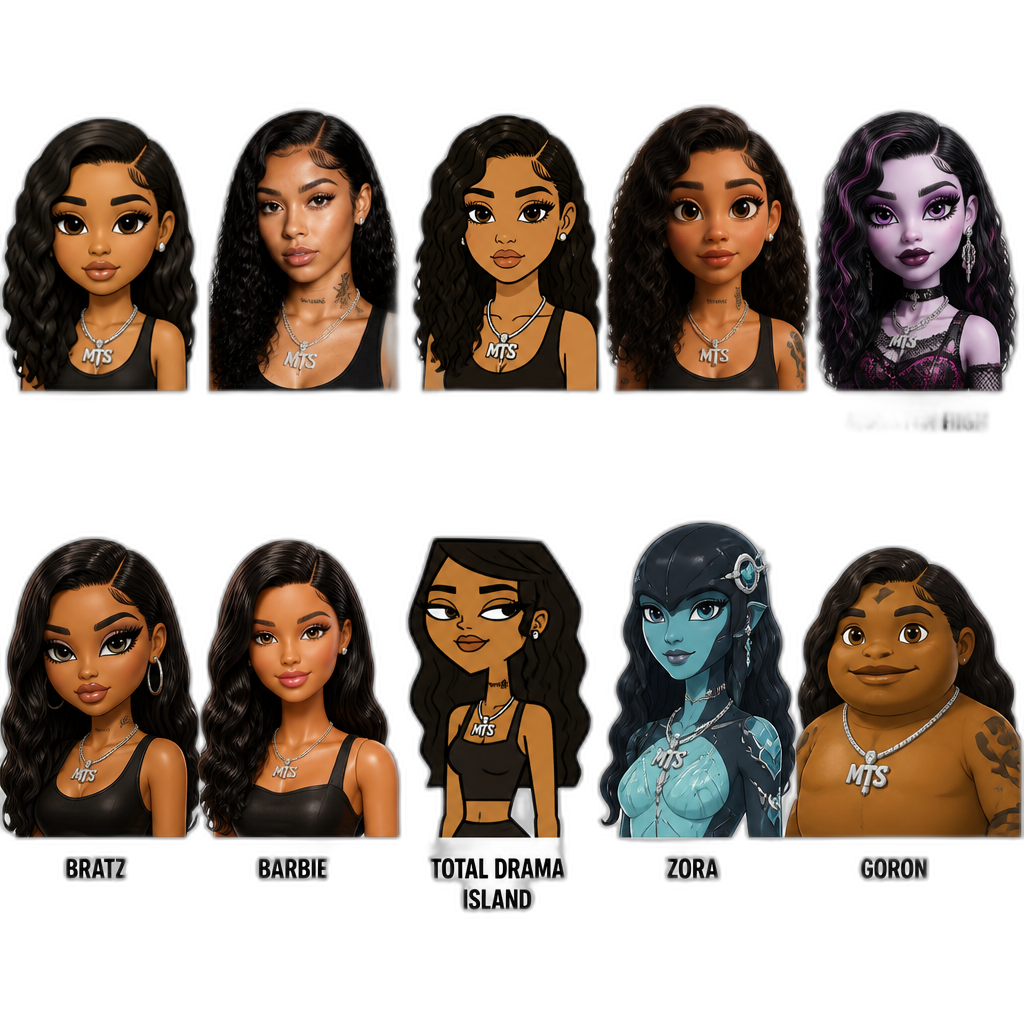 10 versions of Mariah The Scientist (original, photorealistic, 2D cartoon, Pixar, Monster High, Bratz, Barbie, Total Drama Island, Zora, Goron) - AI generated emoji
